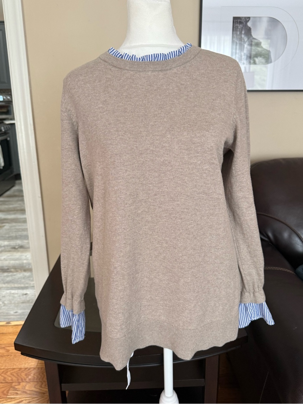 LOFT taupe crewneck sweater with blue striped mock-layer trim